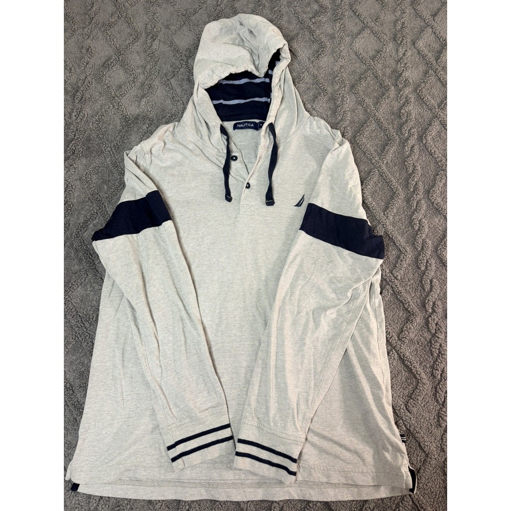 Nautica Logo Hooded Henley Pullover Hoodie Gray Navy Men's M Drawstring